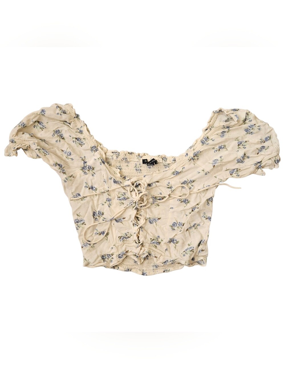 American Eagle  Cream Floral Lace-Up Puff Sleeve Crop Top Peasant Blouse SMALL